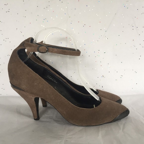 Free People Brown Suede Pointed Toe Pump Ankle Strap Metal toe heel detail! 8 M - Picture 2 of 12